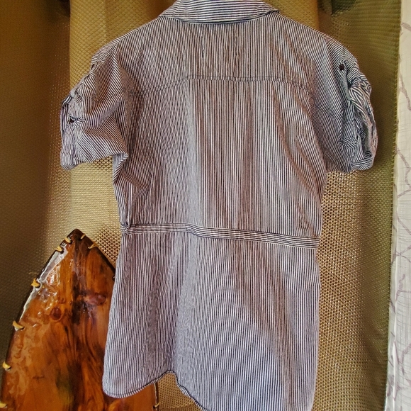 Denver Hayes Vintage Short Sleeve Tie Waist Blue Striped Blouse Top - Picture 4 of 7